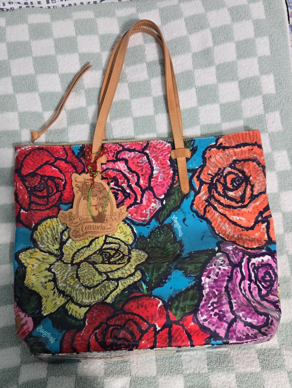 Consuela Rosie Floral Multicolor Large Tote Bag with Tan Leather Straps & Charm